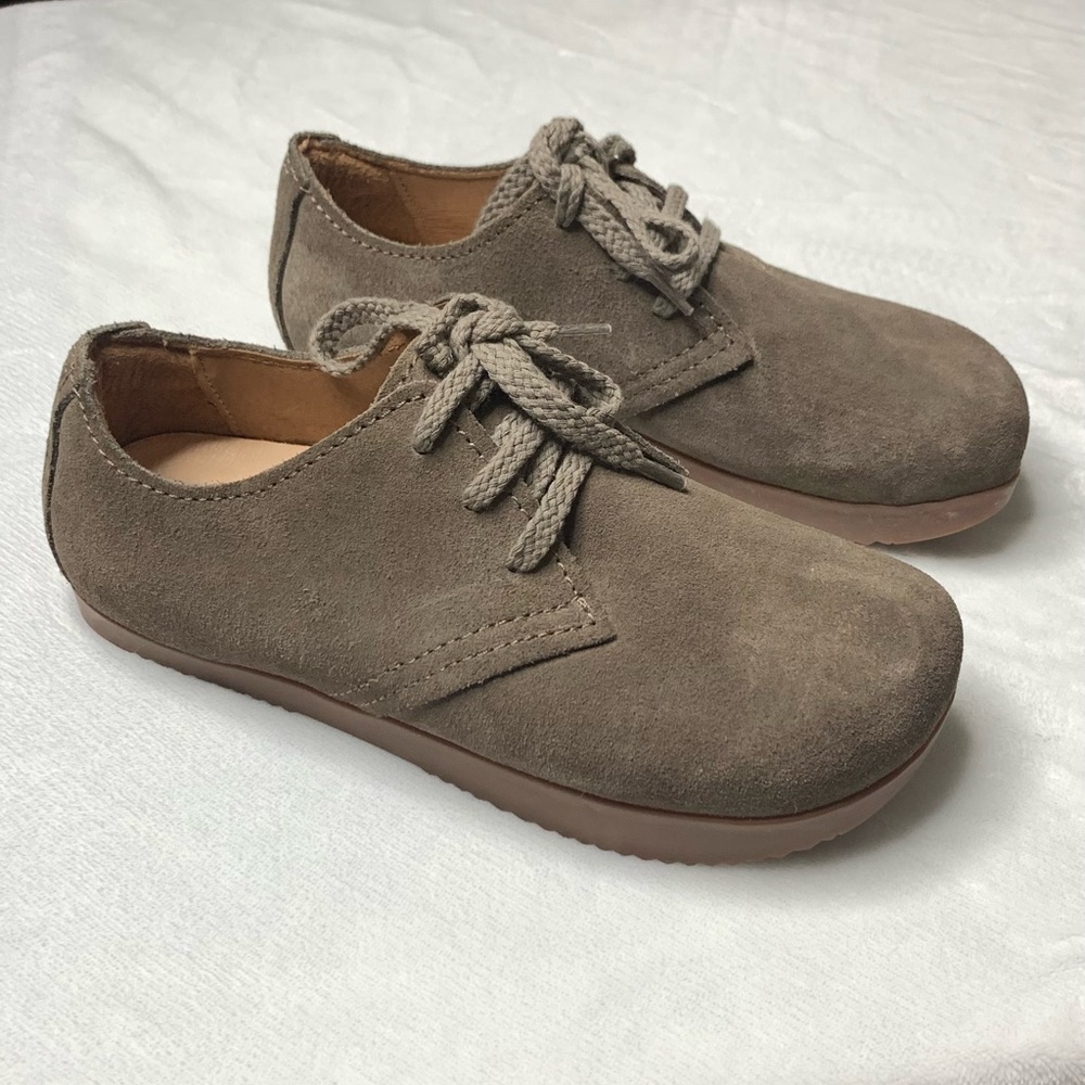 Earth Kalso Sz 6 Faroe Lokah Suede Taupe Negative Heel Lace Up Loafer